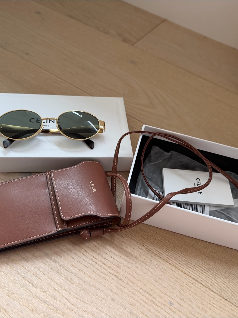 Celine Triomphe gold green sunglasses Brown Leather Crossbody with Gold Logo